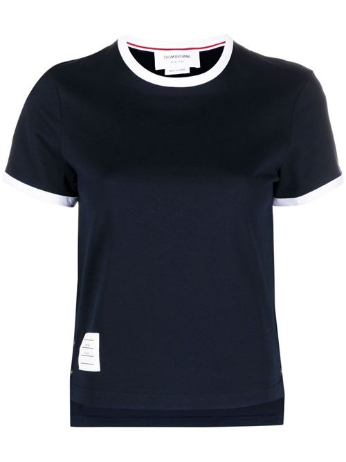 Navy cotton asymmetric hem short-sleeve T-shirt Thom Browne | FJS075A00042415